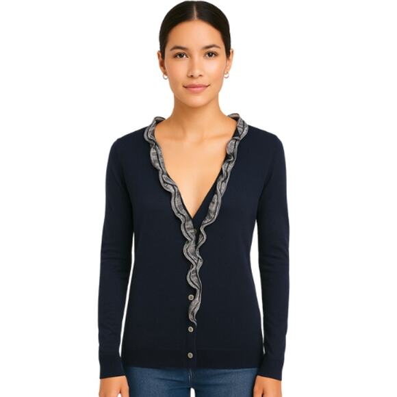 Banana Republic Sweaters - Banana Republic Navy Blue Knit Ruffle Cardigan EUC Size Medium